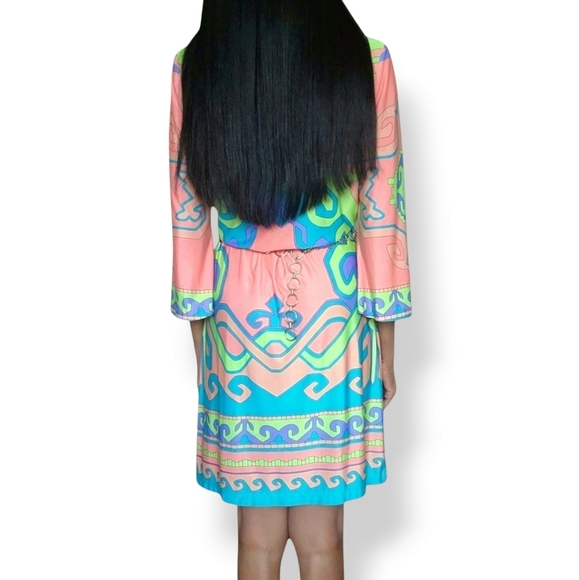 Vibrant Geometric Print Shift Dress Boho Style 3/4 Sleeves Size Large - Picture 3 of 9